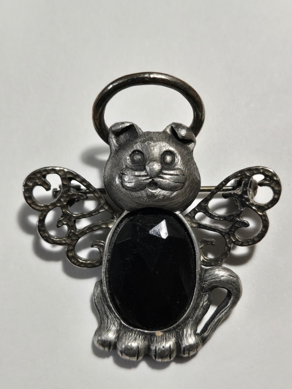 Vintage Silver-Tone Cat Brooch with Black Glass Stone - Picture 8 of 8